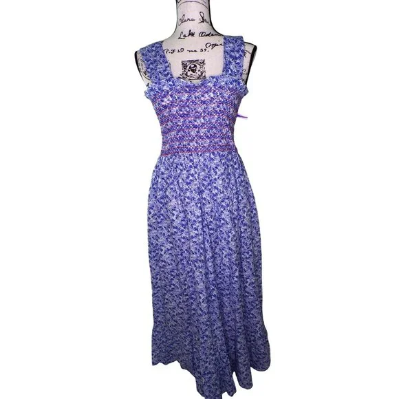 🆕 Mille Garden Smocked Floral Midi Dress Cotton Large 8-10 - Picture 6 of 12